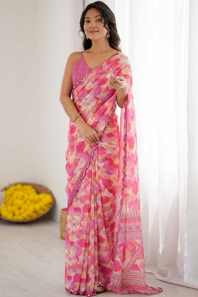 Pink Printed Georgette Saree
