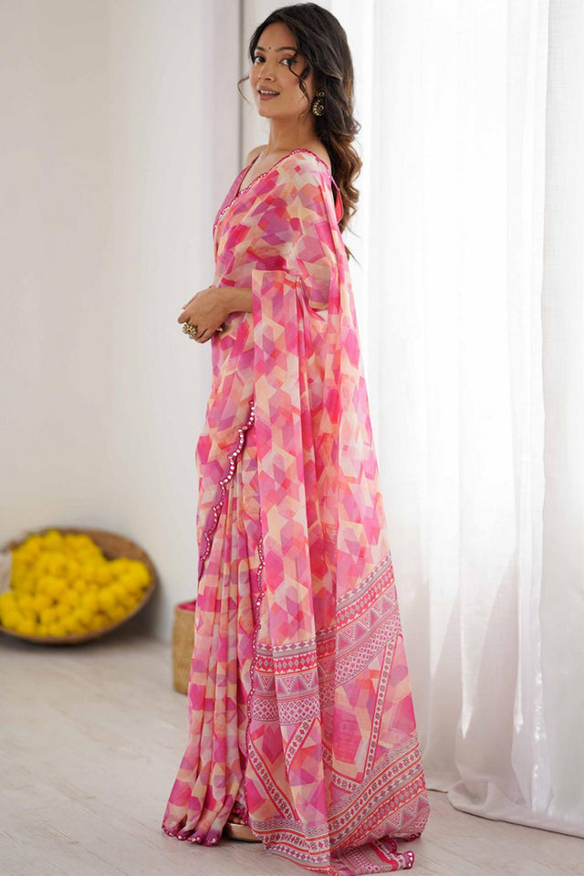 Pink Printed Georgette Saree