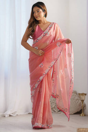 Peach Embroidered Organza Saree