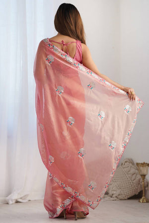 Peach Embroidered Organza Saree