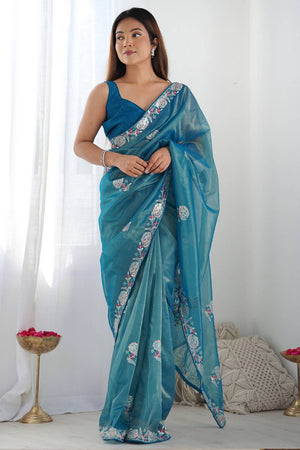 Light Blue Embroidered Organza Saree