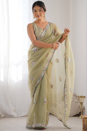 Olive Green Embroidered Organza Saree