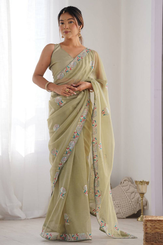 Olive Green Embroidered Organza Saree