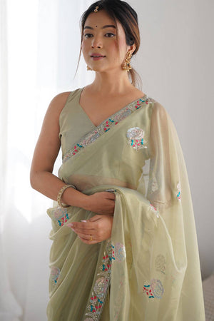 Olive Green Embroidered Organza Saree