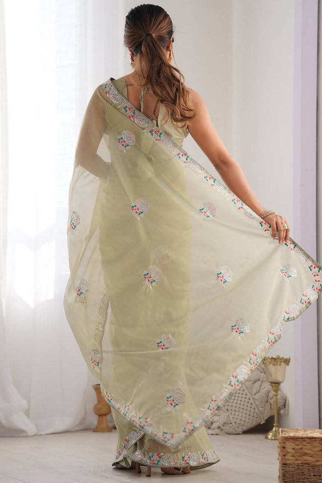 Olive Green Embroidered Organza Saree