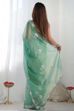Turquoise Embroidered Organza Saree