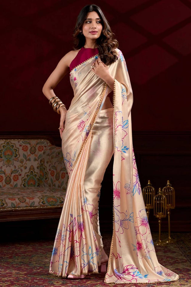 Cream Floral Printed Silk Saree