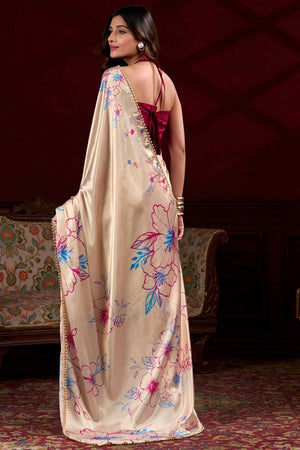 Cream Floral Printed Silk Saree