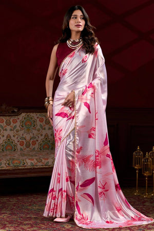 Pink Floral Printed Silk Saree
