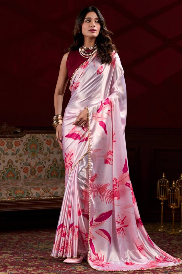 Pink Floral Printed Silk Saree