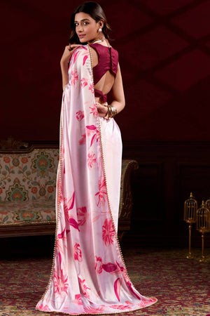 Pink Floral Printed Silk Saree