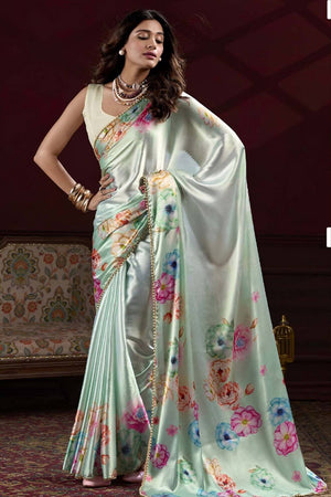 Green Floral Printed Silk Saree