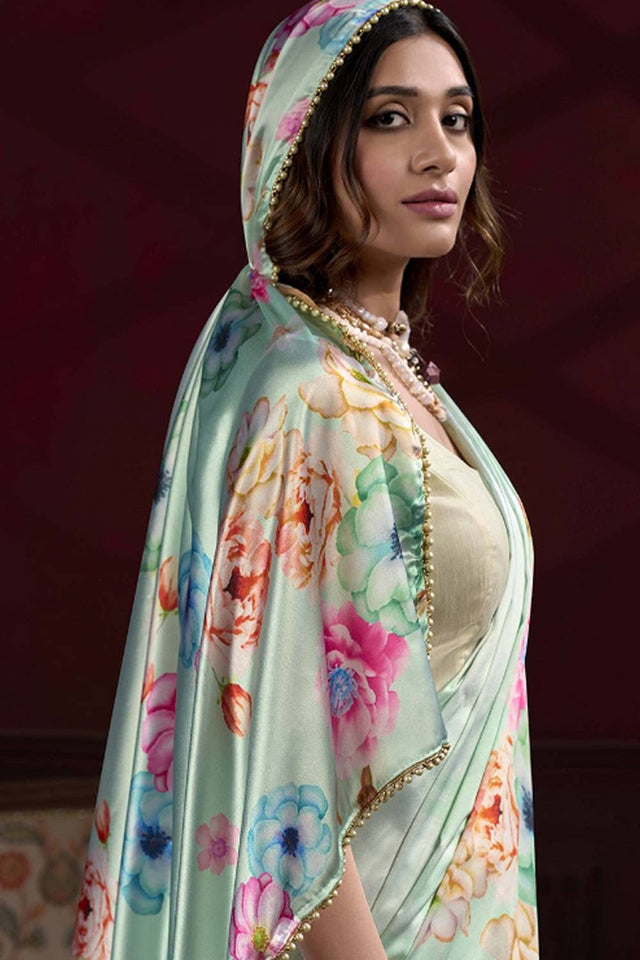 Green Floral Printed Silk Saree