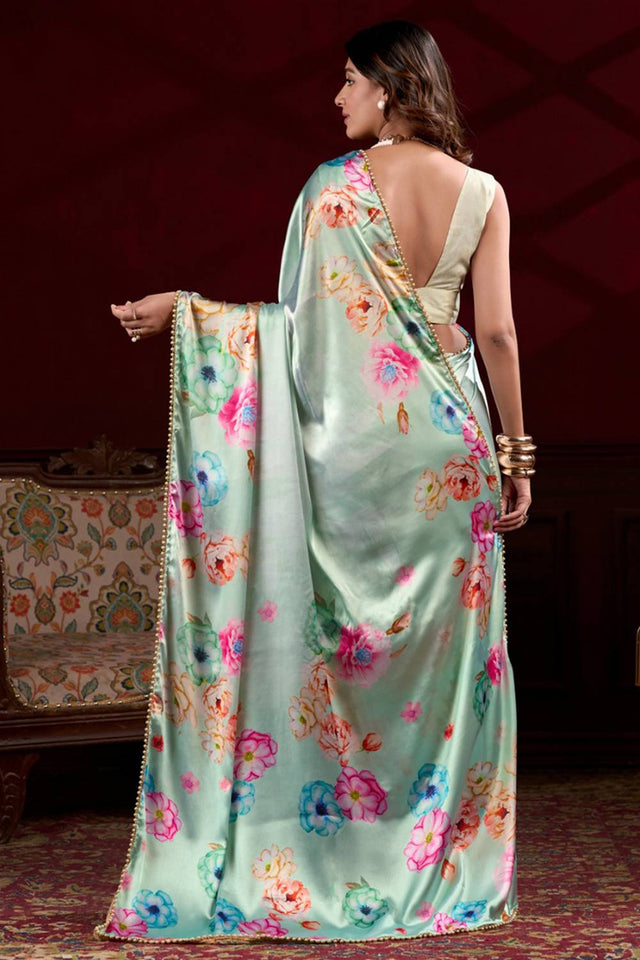 Green Floral Printed Silk Saree