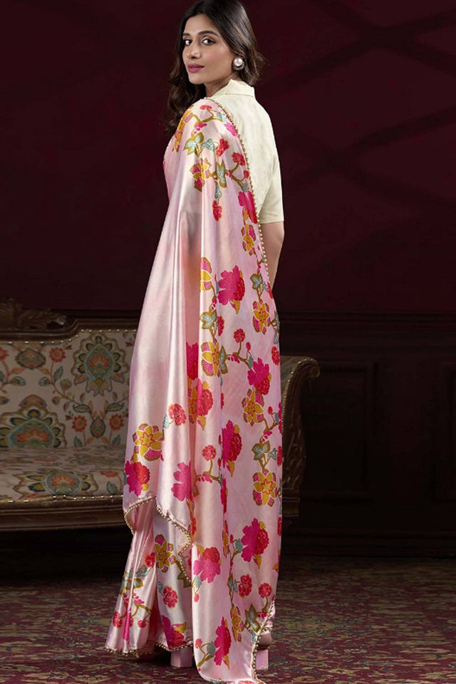 Light Pink Floral Printed Silk Saree