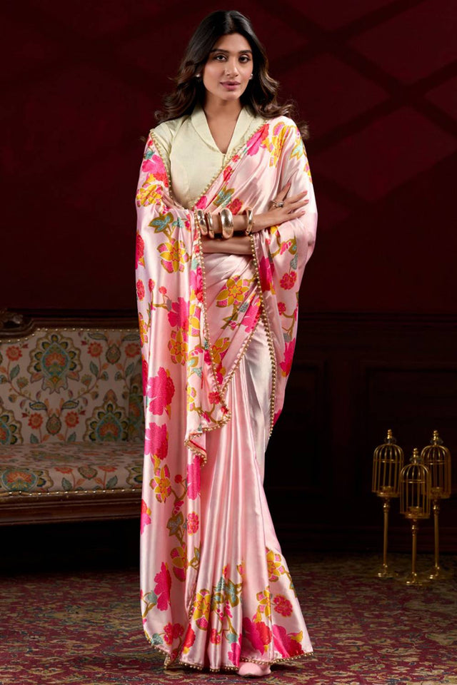 Light Pink Floral Printed Silk Saree