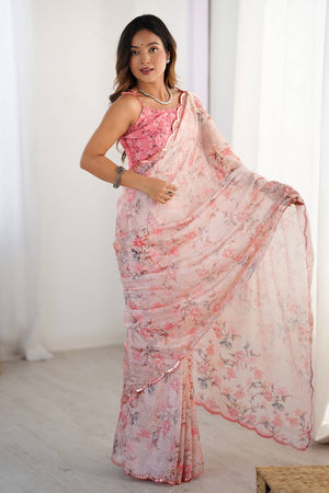 Light Pink Floral Printed Art Silk Saree