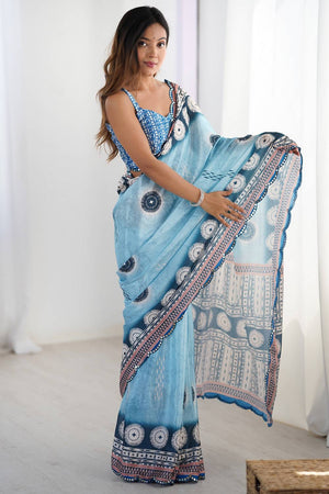 Blue Printed Art Silk Saree