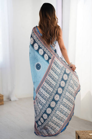 Blue Printed Art Silk Saree