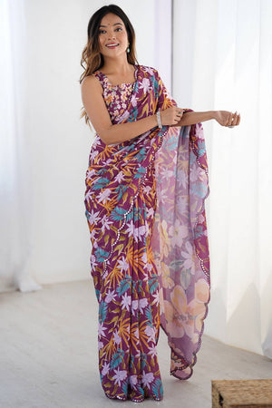 Wine Floral Printed Art Silk Saree
