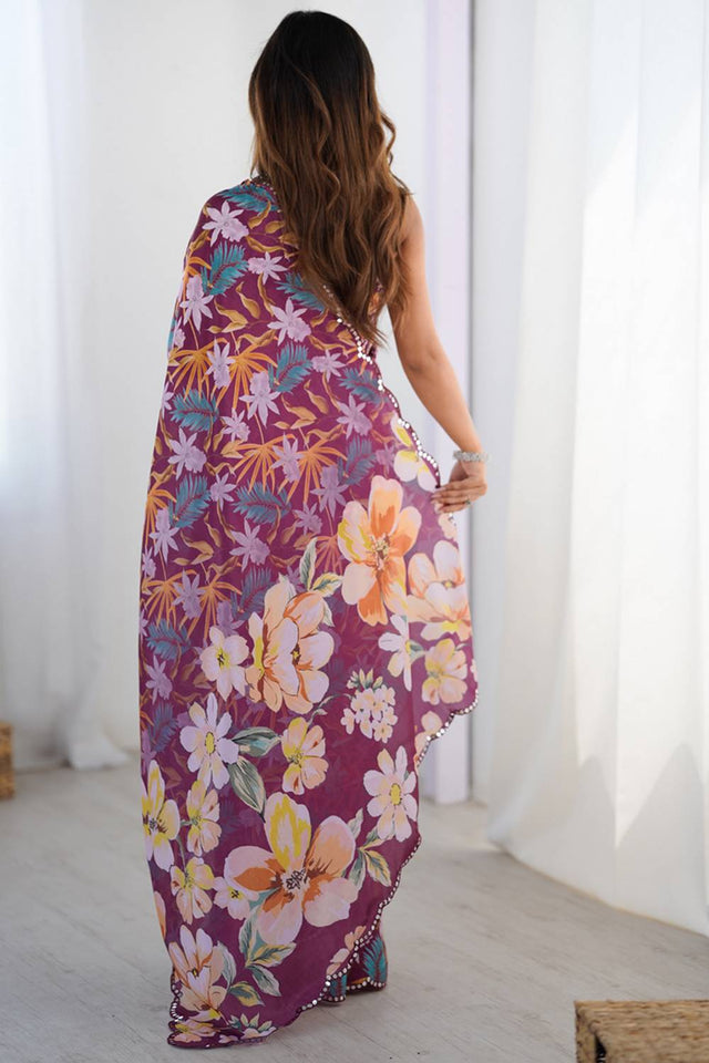 Wine Floral Printed Art Silk Saree