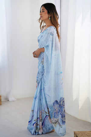Blue Floral Printed Art Silk Saree