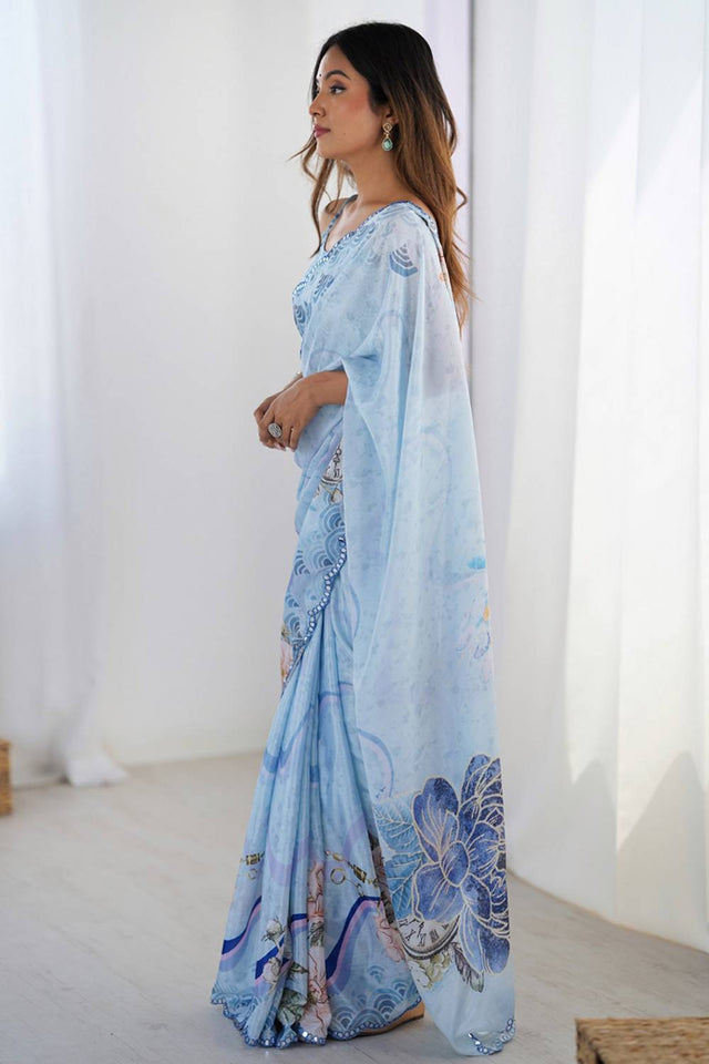 Blue Floral Printed Art Silk Saree
