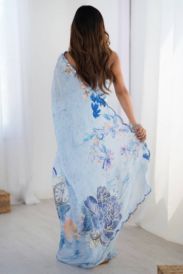 Blue Floral Printed Art Silk Saree