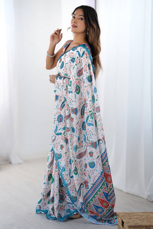 Off White Floral Printed Art Silk Saree