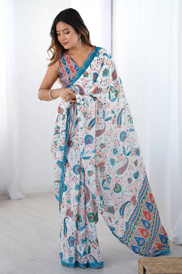 Off White Floral Printed Art Silk Saree