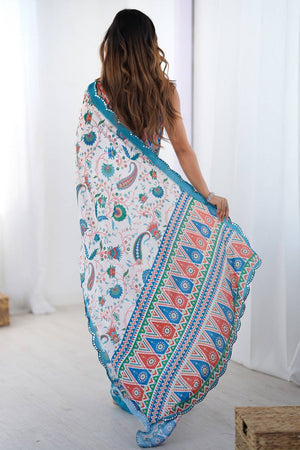 Off White Floral Printed Art Silk Saree