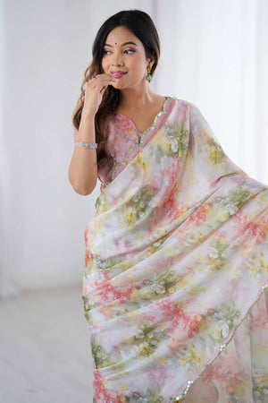 Off White Floral Printed Art Silk Saree