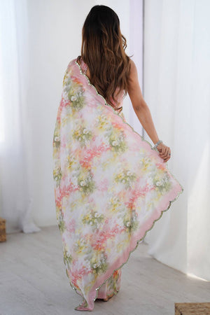 Off White Floral Printed Art Silk Saree