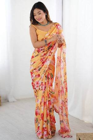 Yellow Floral Printed Art Silk Saree