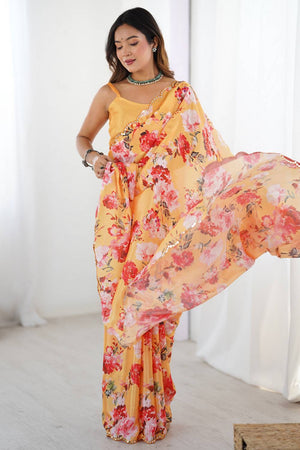 Yellow Floral Printed Art Silk Saree