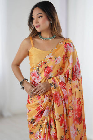 Yellow Floral Printed Art Silk Saree