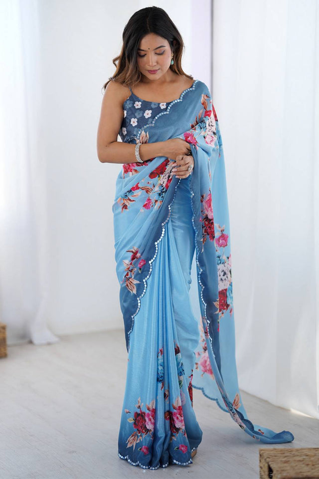 Blue Floral Printed Art Silk Saree