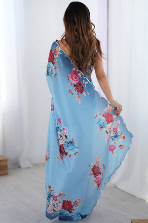 Blue Floral Printed Art Silk Saree