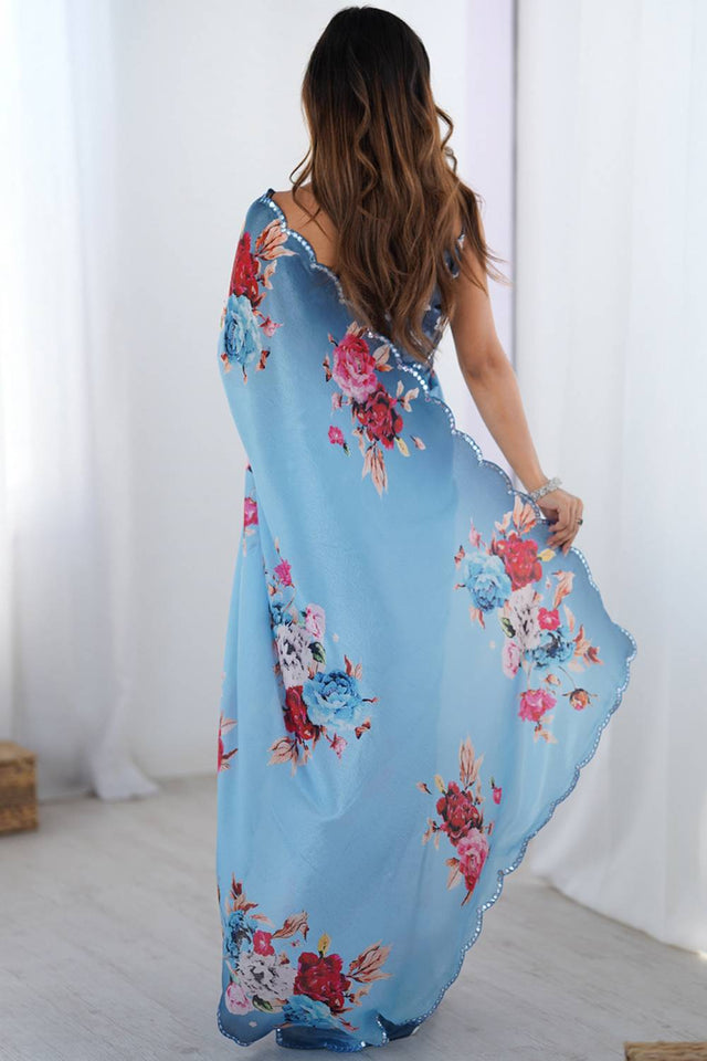 Blue Floral Printed Art Silk Saree