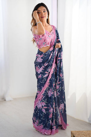 Blue Floral Printed Art Silk Saree