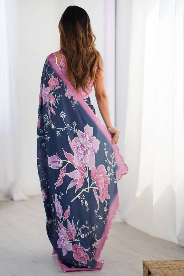 Blue Floral Printed Art Silk Saree