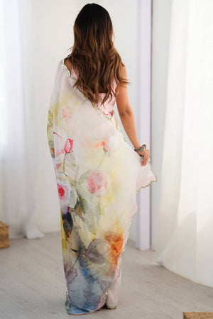 Off White Floral Printed Art Silk Saree