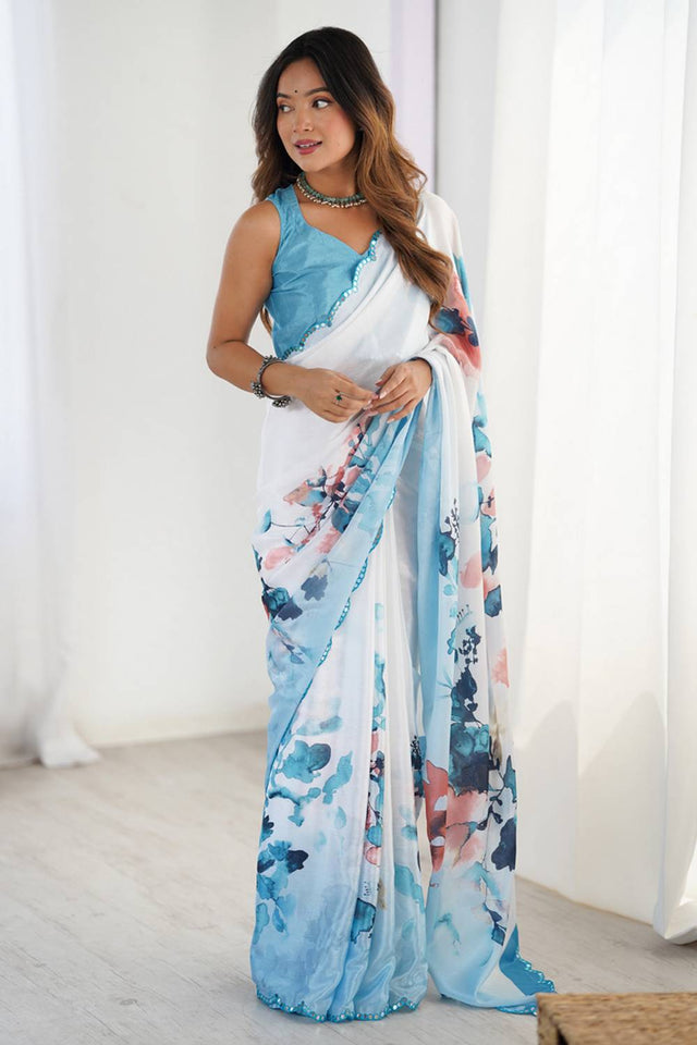 Blue Floral Printed Art Silk Saree