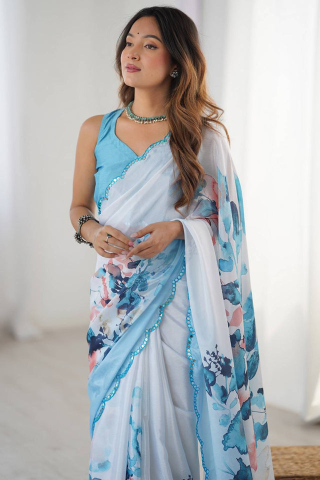 Blue Floral Printed Art Silk Saree