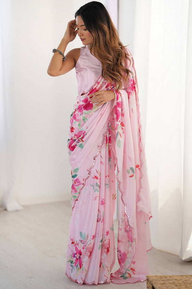 Light Pink Floral Printed Art Silk Saree