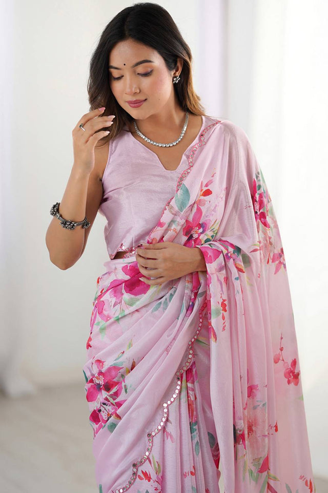 Light Pink Floral Printed Art Silk Saree