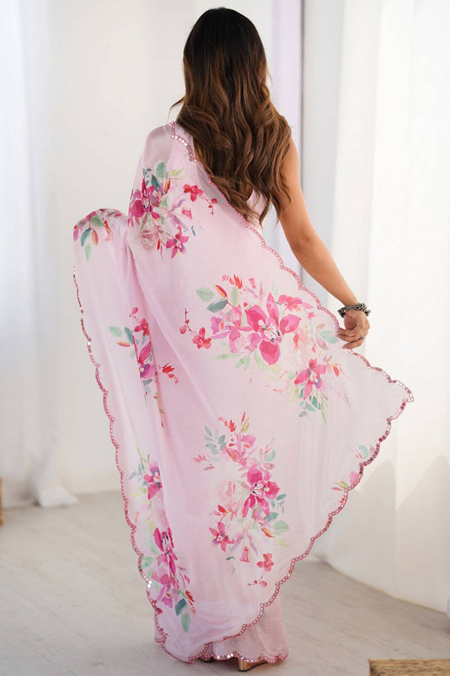 Light Pink Floral Printed Art Silk Saree