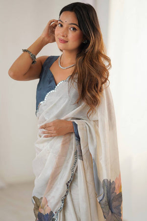 Off White Floral Printed Art Silk Saree