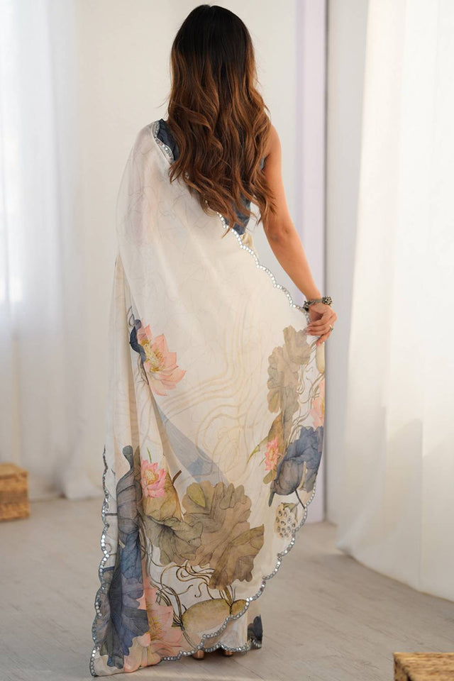 Off White Floral Printed Art Silk Saree