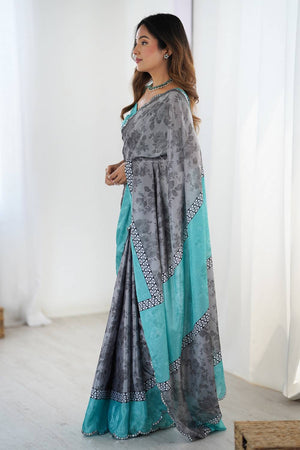 Grey Floral Printed Art Silk Saree